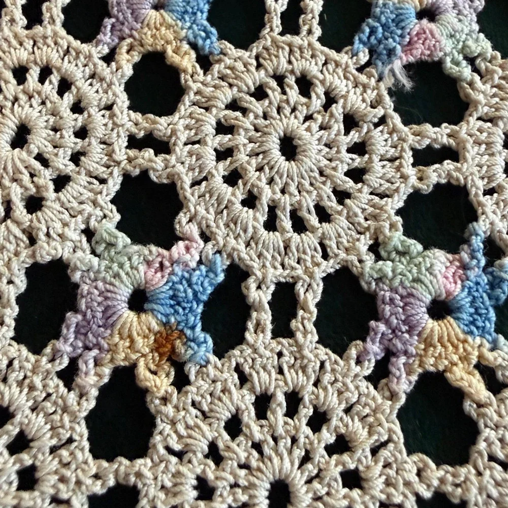 Vintage Handmade Crochet Doily Set Cream Pastel Floral Lace Table Linens 3pc